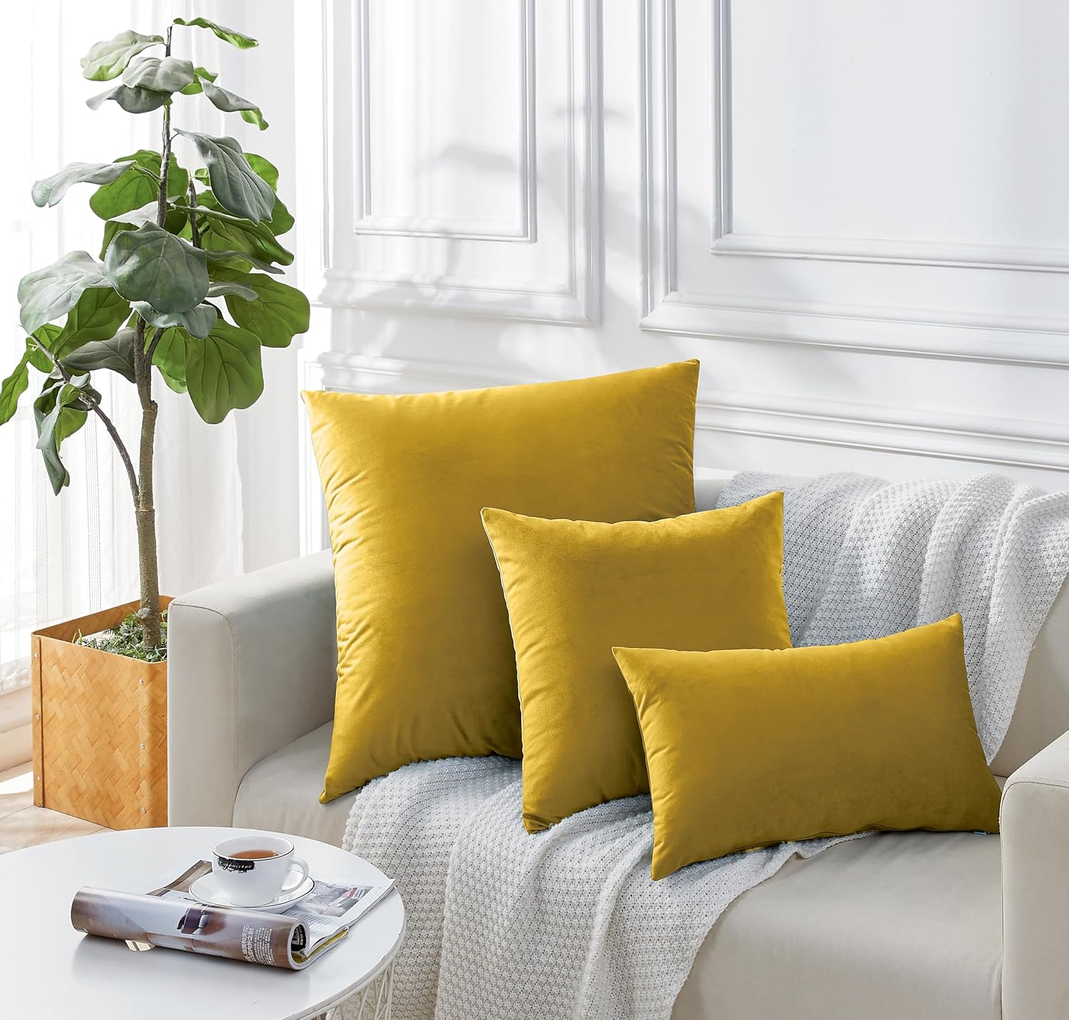 Twin-Pack Velvet Cushion Covers - Soft Microfibre Cushion Covers with Hidden Zipper Yellow, 65cm*65cm