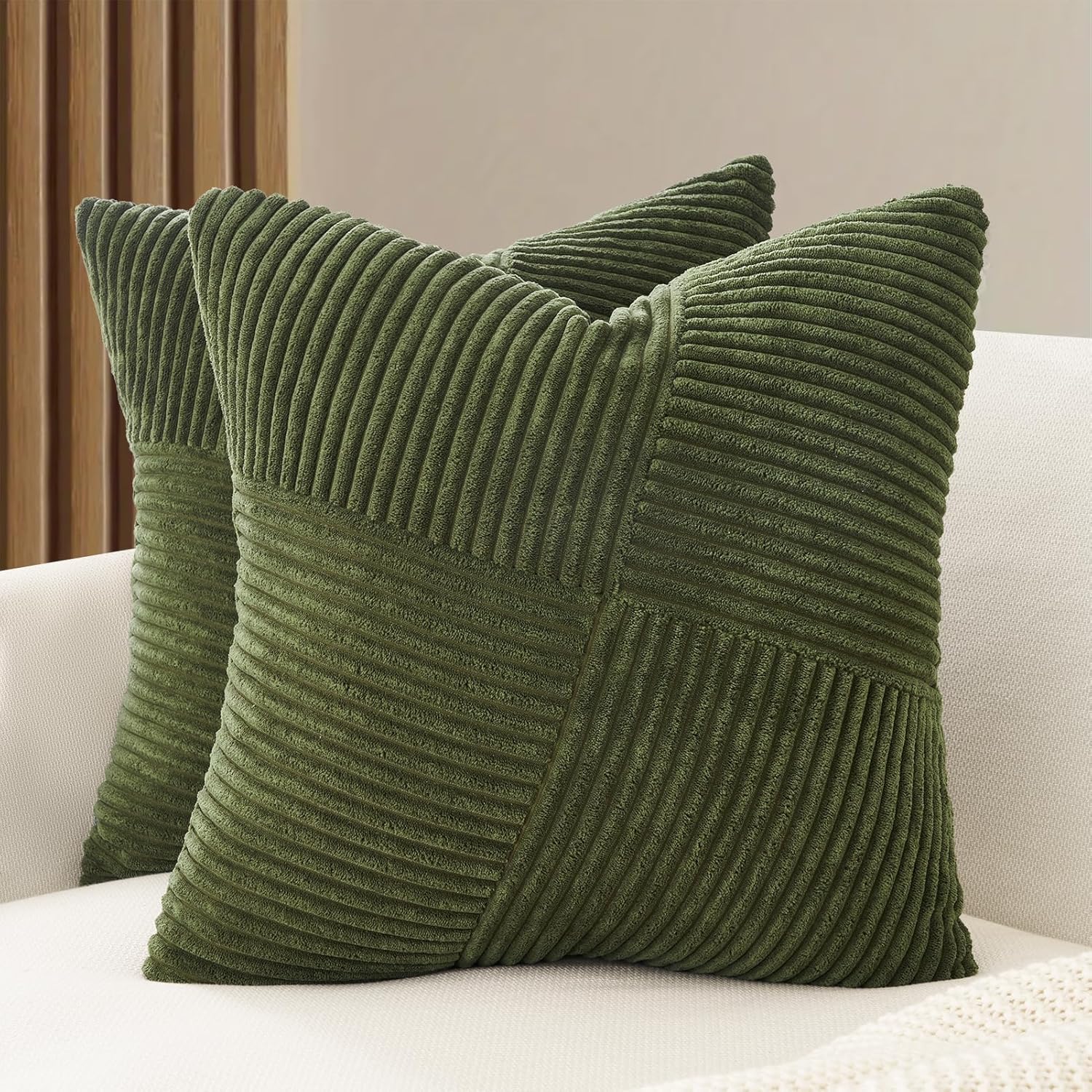 Corduroy Cushion Covers - Soft Velvet Fabric with Windmill-Inspired Pattern and Hidden Zipper Design - Olive Green, 45cm x 45cm Twin Pack