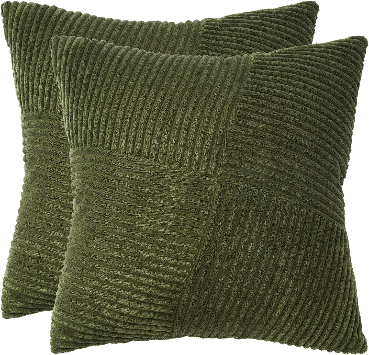 Corduroy Cushion Covers - Soft Velvet Fabric with Windmill-Inspired Pattern and Hidden Zipper Design - Olive Green, 45cm x 45cm Twin Pack