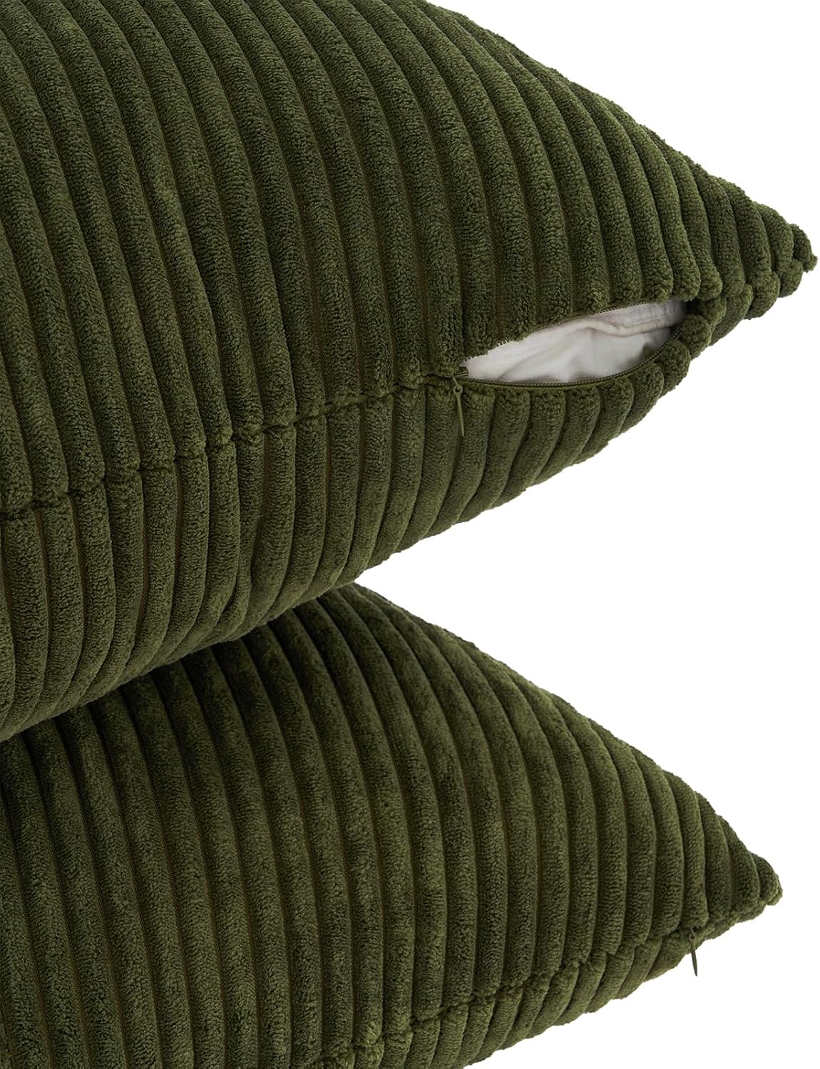 Corduroy Cushion Covers - Soft Velvet Fabric with Windmill-Inspired Pattern and Hidden Zipper Design - Olive Green, 45cm x 45cm Twin Pack