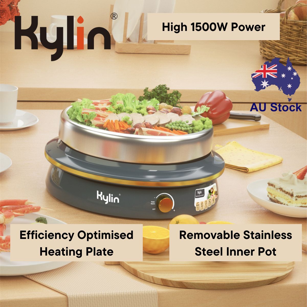 1500W Electric Hotpot, Stainless Steel, 4L, Removable Pot, Kylin