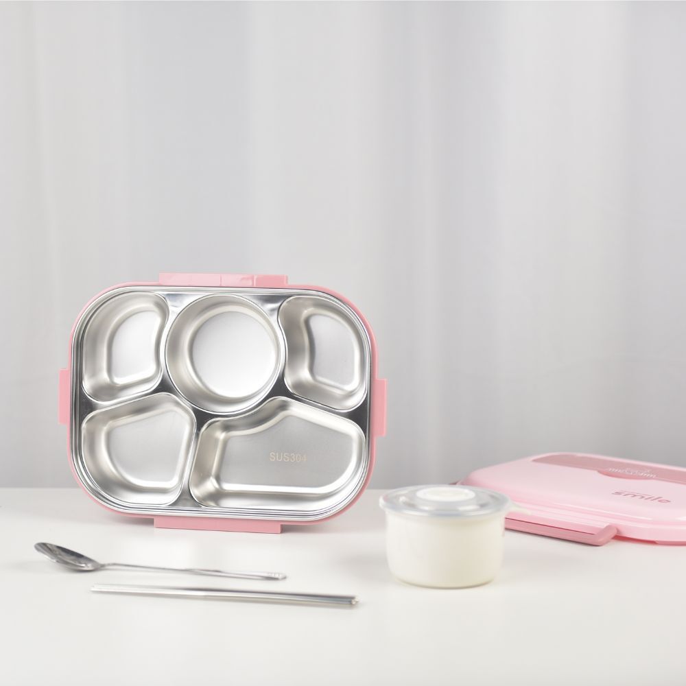 Durable 304 Stainless Steel 5 Divided Lunch Box with Soup Pot