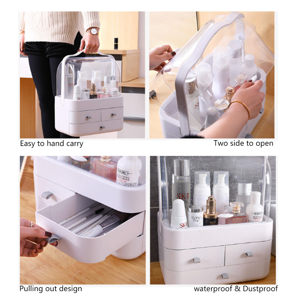 Cosmetics Storage Boxes Portable Dust-proof Makeup Jewelry Case Desktop Drawer(White-White)