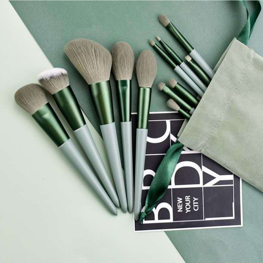 13pcs Professional Green Makeup Brushes Set with Storage Bag