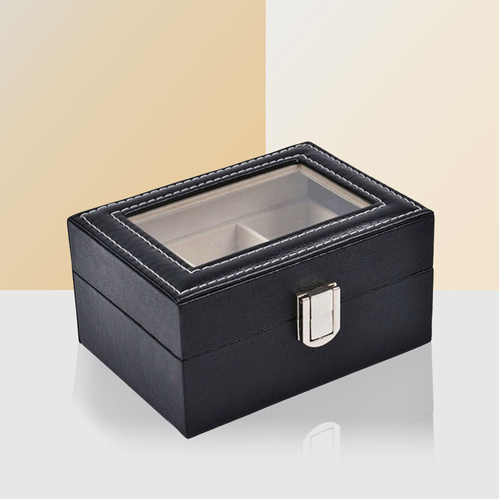 Glass Top 2-Slot Leather Watch Box with Lock & Display