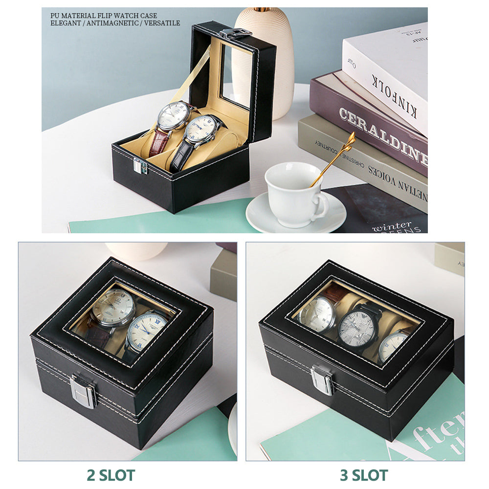 Glass Top 2-Slot Leather Watch Box with Lock & Display