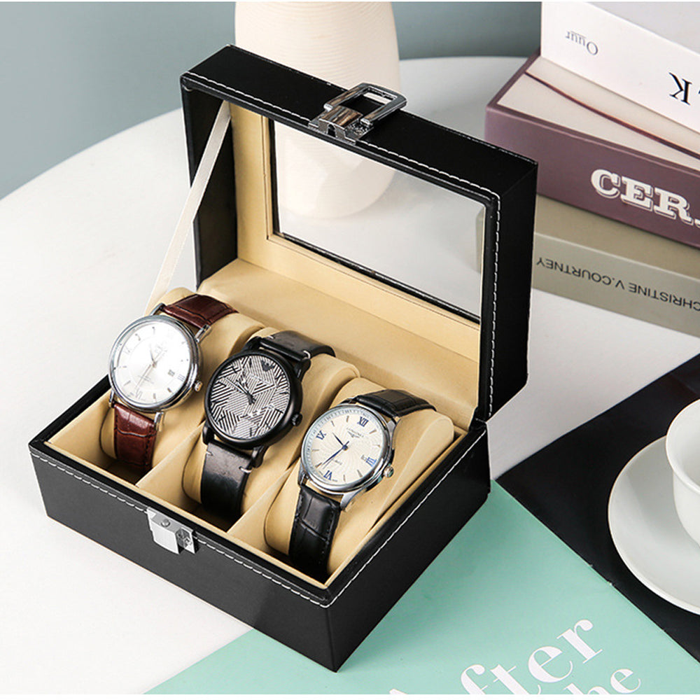 Glass Top 2-Slot Leather Watch Box with Lock & Display