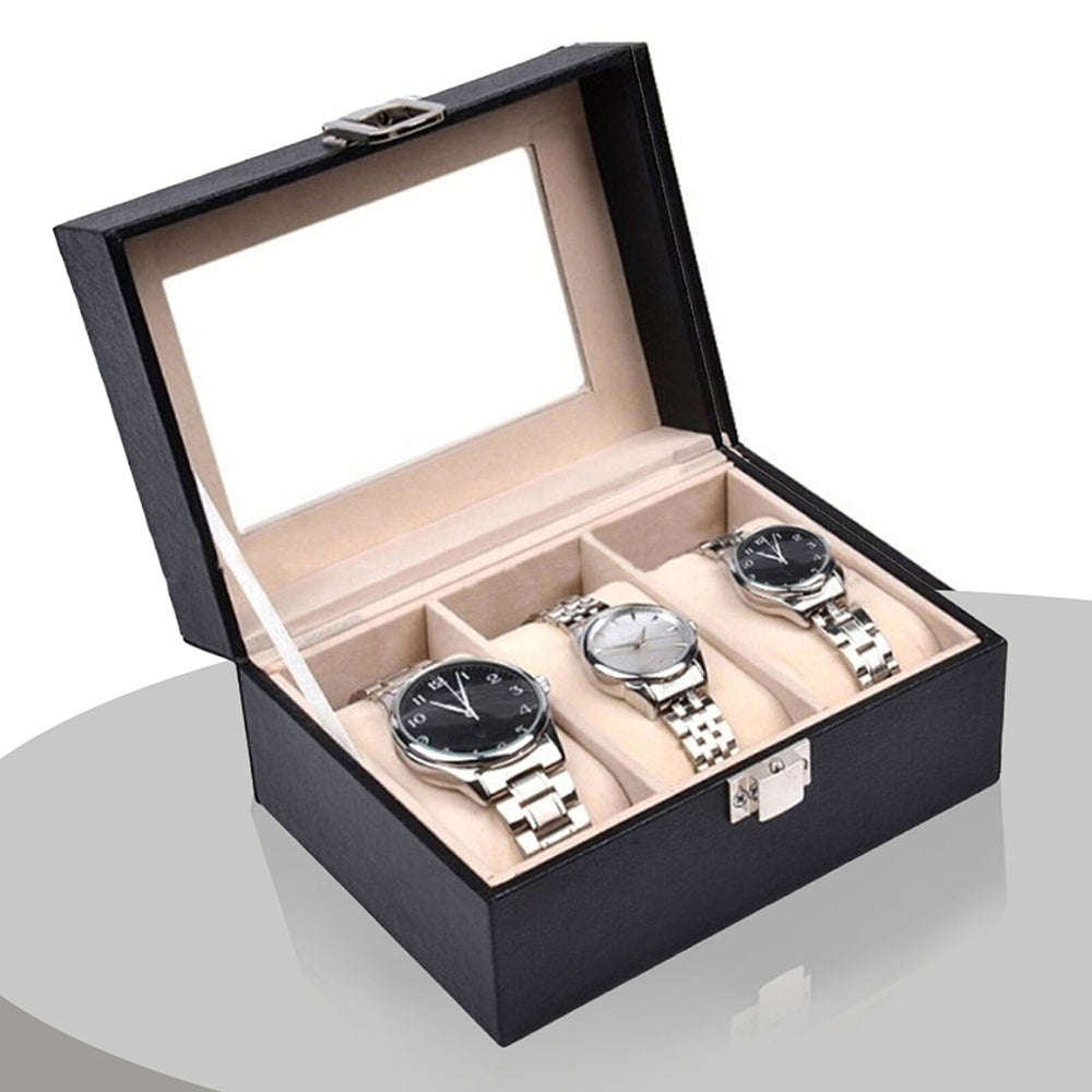 Glass Top 2-Slot Leather Watch Box with Lock & Display