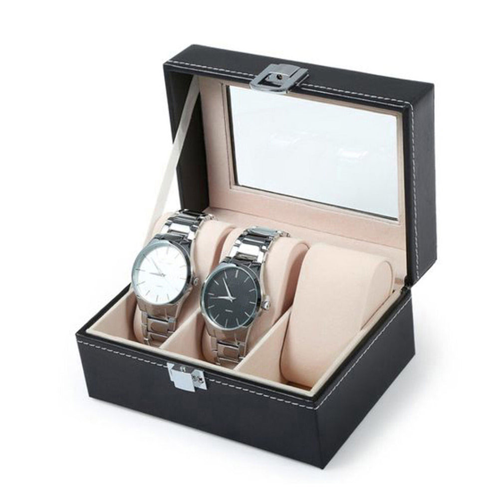 Glass Top 2-Slot Leather Watch Box with Lock & Display