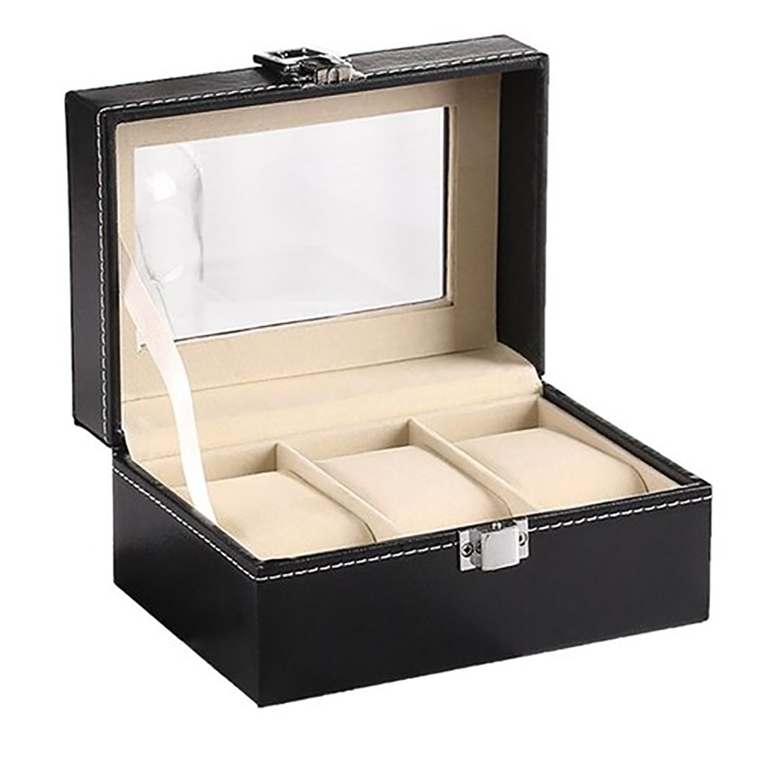 See-Through Glass Top PU Leather 3-Slot Watch Organizer