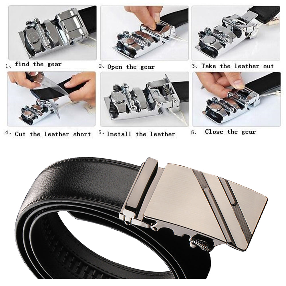 Adjustable Slide Luxury Leather Belt For Men's Automatic Buckle Ratchet Business Dress Belts (FB8502#15)