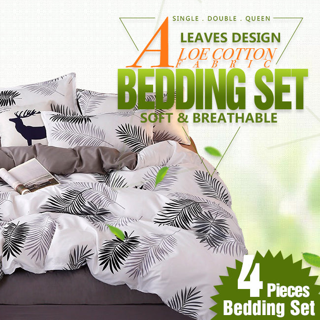 Palm Leaves Pattern Aloe Cotton Flat Sheet Quilt Cover Pillowcases 4pcs Bedding Set Double
