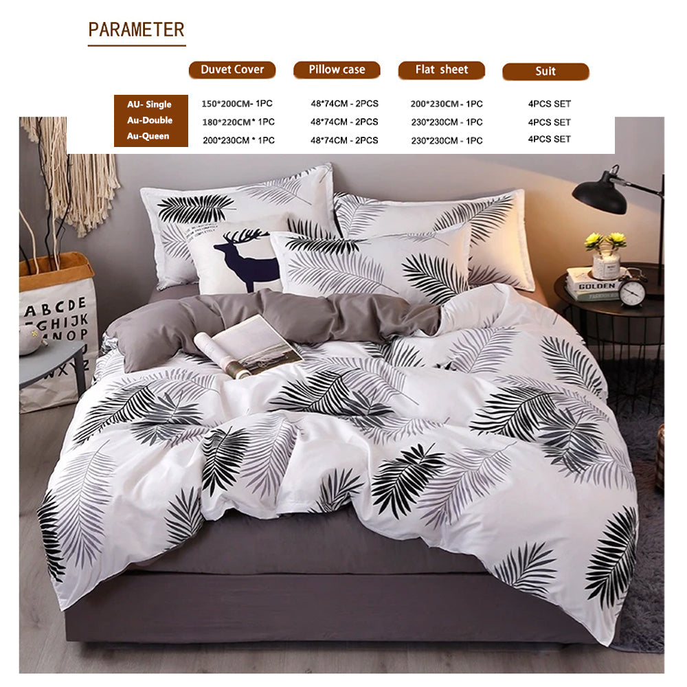 Palm Leaves Pattern Aloe Cotton Flat Sheet Quilt Cover Pillowcases 4pcs Bedding Set King