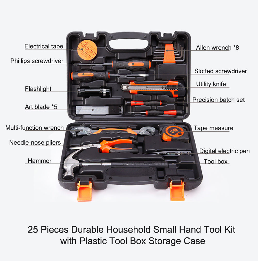 Durable 25-Piece Household Hand Tools Set with Toolbox