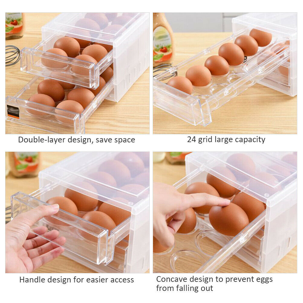 24 Grids Double Layer Egg Storage Box, Plastic, Transparent