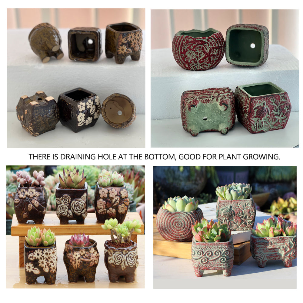 4/5/6 Pots Set Ceramic Clay Pottery Pots Succulent Flower Planter Draining Hole(Style 02# 4 Pots Set)