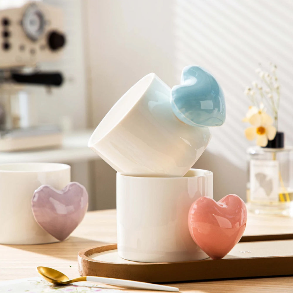 Lovely 5D Heart Love Ceramic Cup Mug Puffy Heart Handle with Gift Box Blue