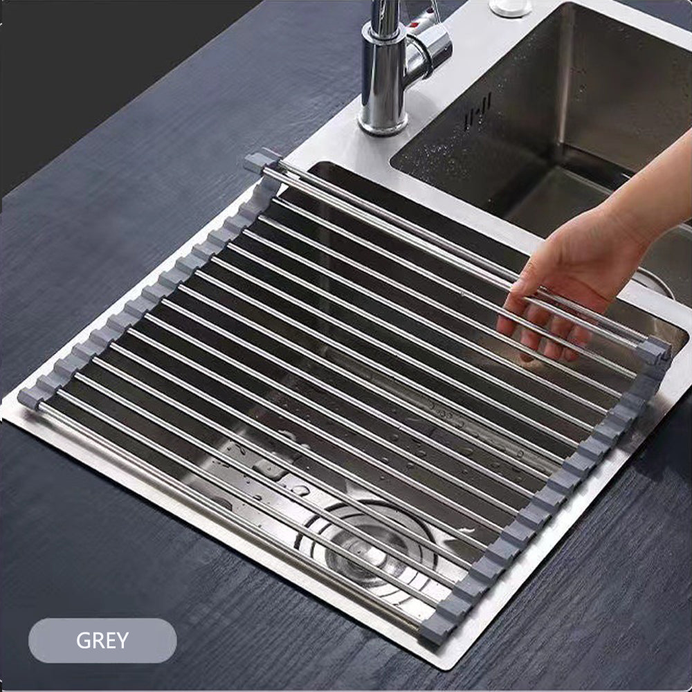 Heat-Resistant Roll-Up Dish Drying Rack, Foldable Stainless Steel