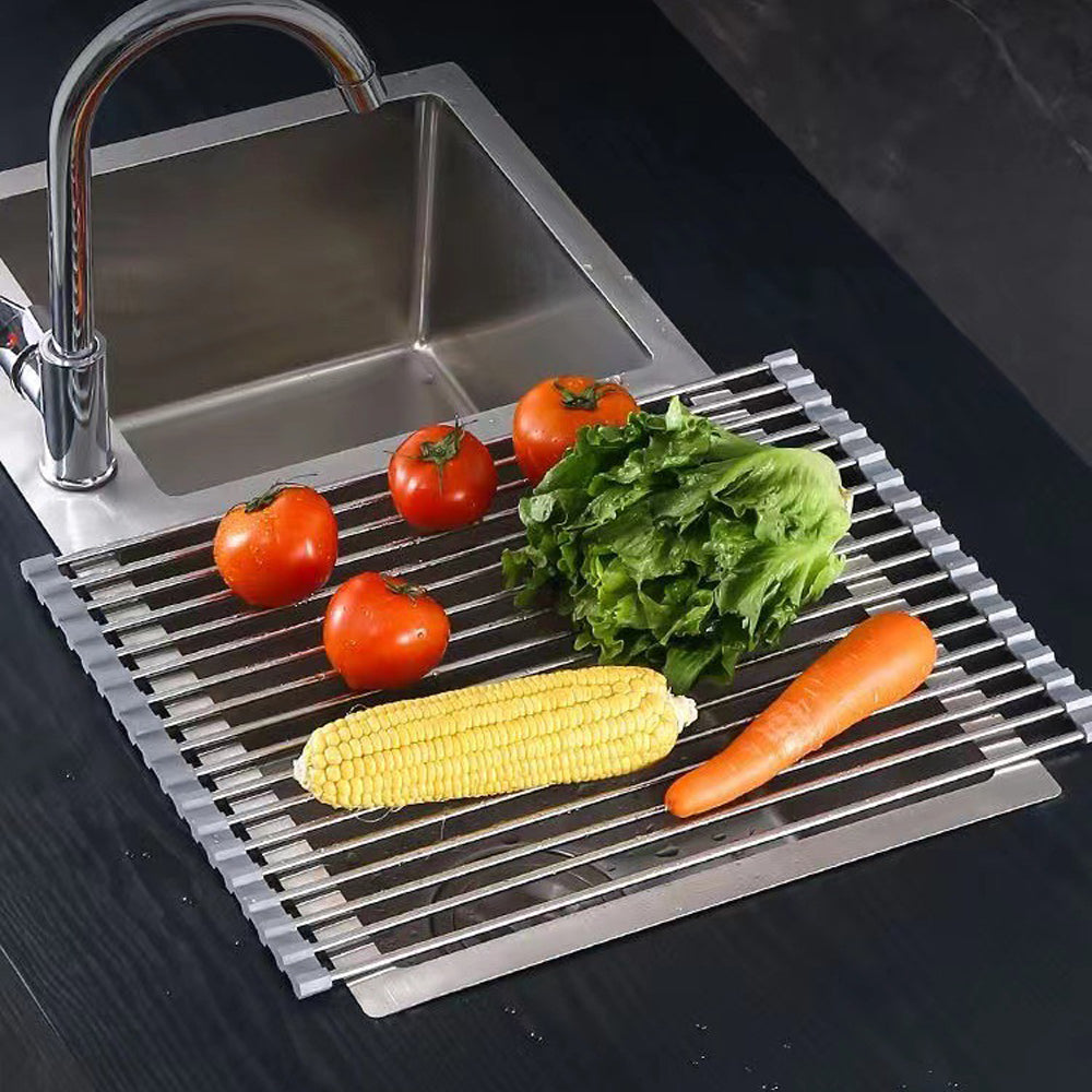 Heat-Resistant Roll-Up Dish Drying Rack, Foldable Stainless Steel