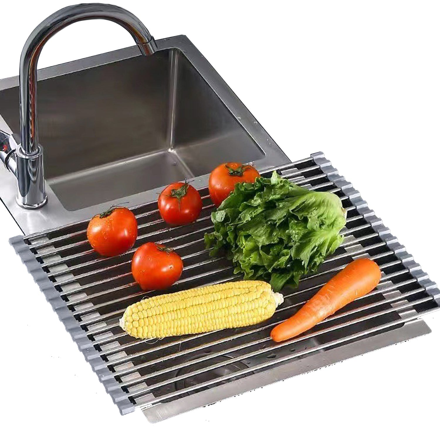 Heat-Resistant Roll-Up Dish Drying Rack, Non-Slip Silicone and Stainless Steel 47x30cm