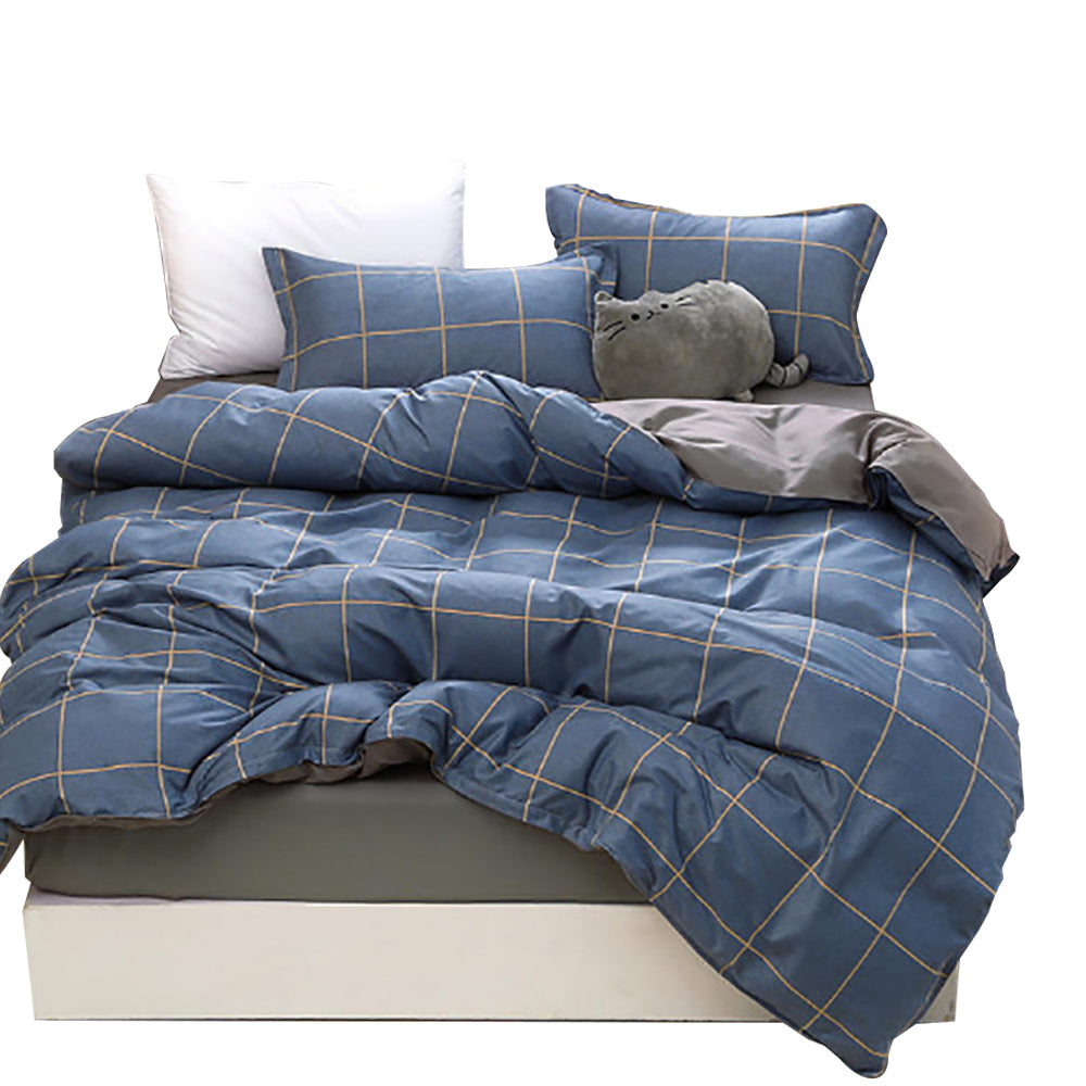 Blue Plaid Pattern Aloe Cotton Flat Sheet Quilt Cover Pillowcases 4pcs Bedding Set Duvet Doona Quilt Cover Set King