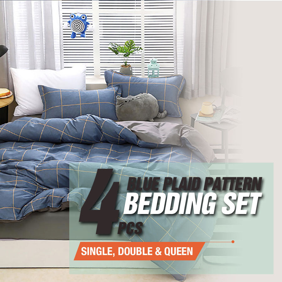 Blue Plaid Pattern Aloe Cotton Flat Sheet Quilt Cover Pillowcases 4pcs Bedding Set Duvet Doona Quilt Cover Set King