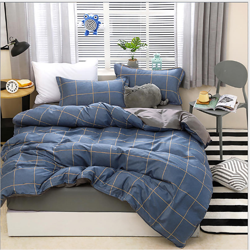 Blue Plaid Pattern Aloe Cotton Flat Sheet Quilt Cover Pillowcases 4pcs Bedding Set Duvet Doona Quilt Cover Set King