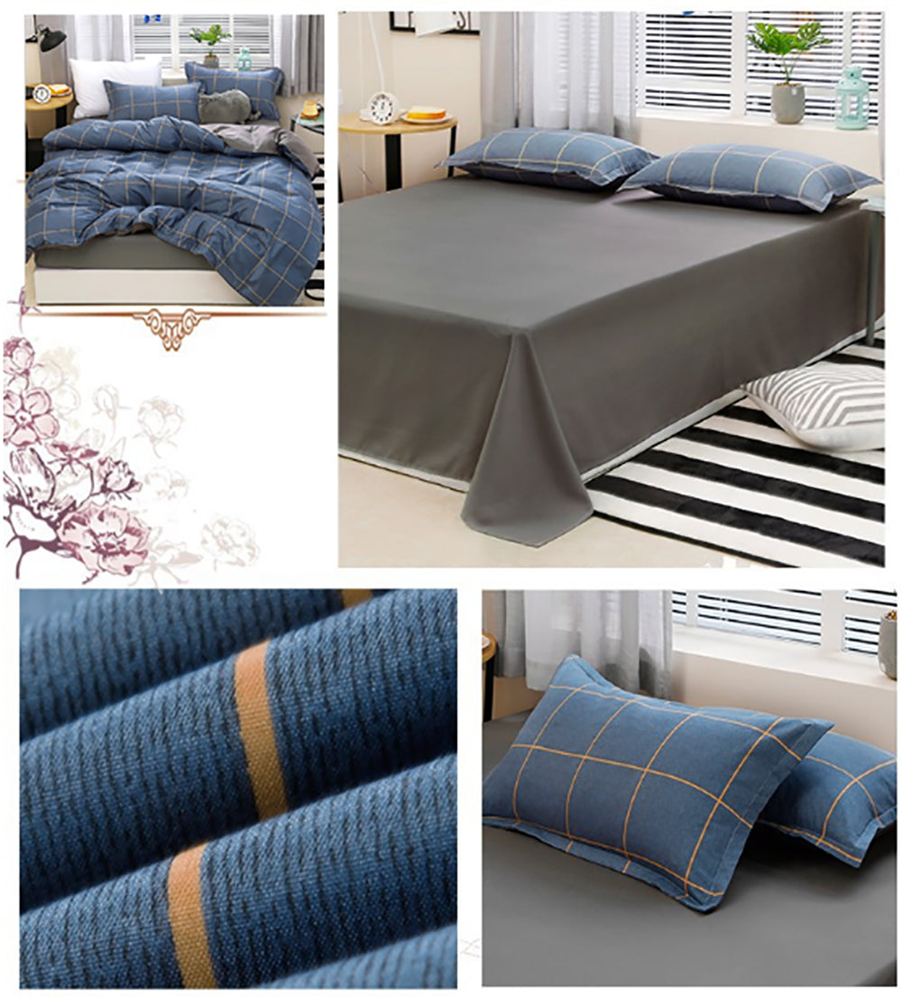 Blue Plaid Pattern Aloe Cotton Flat Sheet Quilt Cover Pillowcases 4pcs Bedding Set Duvet Doona Quilt Cover Set King