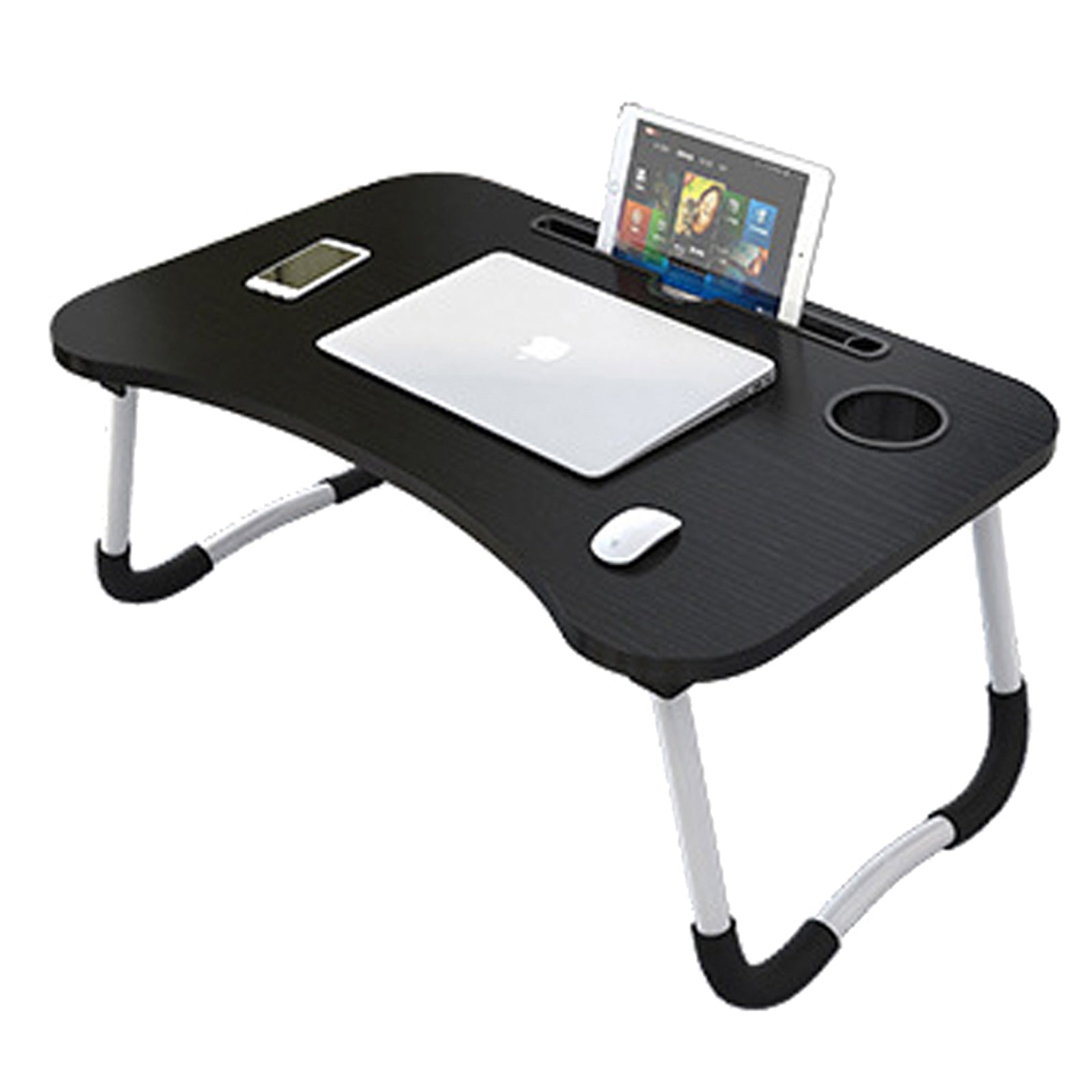 Foldable Desk Laptop Stand Table Bed Computer Study Adjustable Portable Cup Slot Black