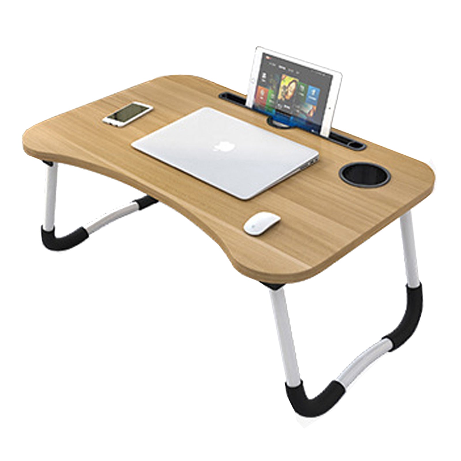 Foldable Desk Laptop Stand Table Bed Computer Study Adjustable Portable Cup Slot Walnut