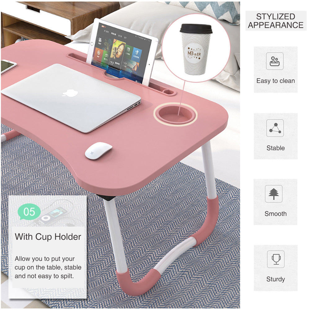 Foldable Desk Laptop Stand Table Bed Computer Study Adjustable Portable Cup Slot Walnut