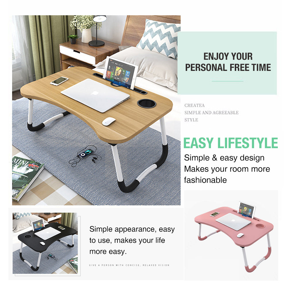 Foldable Desk Laptop Stand Table Bed Computer Study Adjustable Portable Cup Slot Walnut