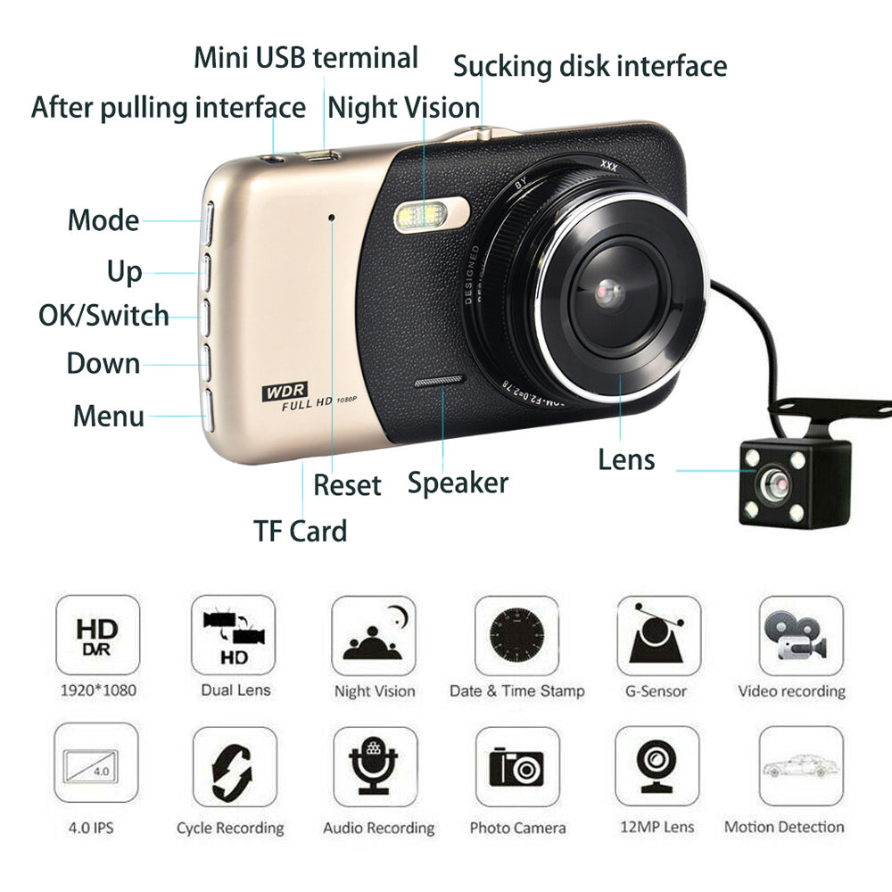 1080P Dual Dash Camera 170° Wide Front Rear DVR Night Vision