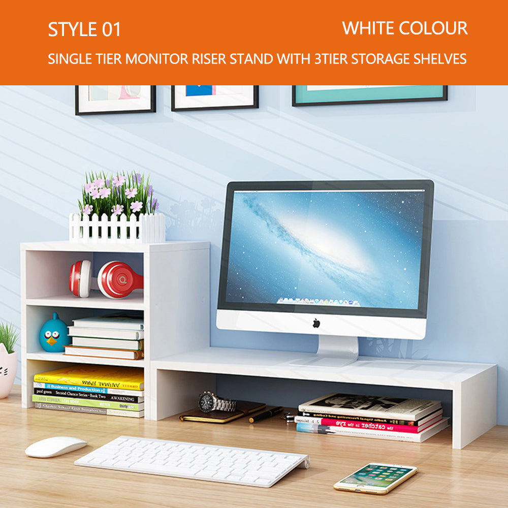 Wooden Desk Monitor Riser Stand With 3Tier Storage Shelves Desktop Bookshelf(White Wood(Style 01))