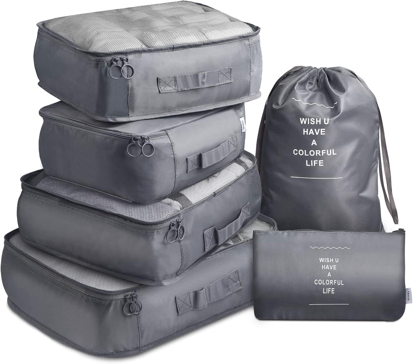 6 Pcs Waterproof Compression Packing Cubes Large Travel Luggage Organizer Storage Grey