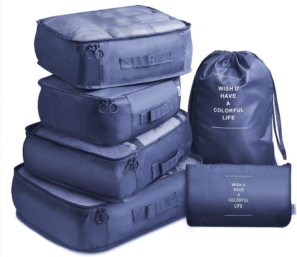 6 Pcs Waterproof Compression Packing Cubes Large Travel Luggage Organizer Storage Navy
