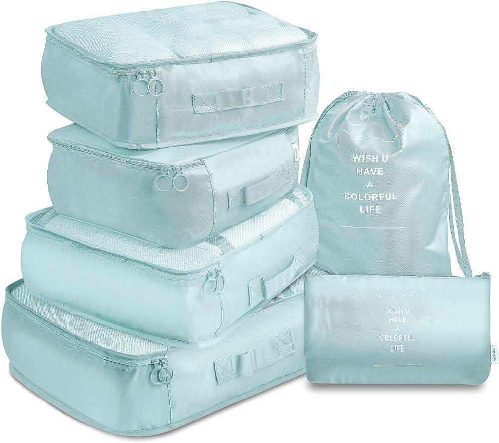6 Pcs Waterproof Compression Packing Cubes Large Travel Luggage Organizer Storage Light Blue