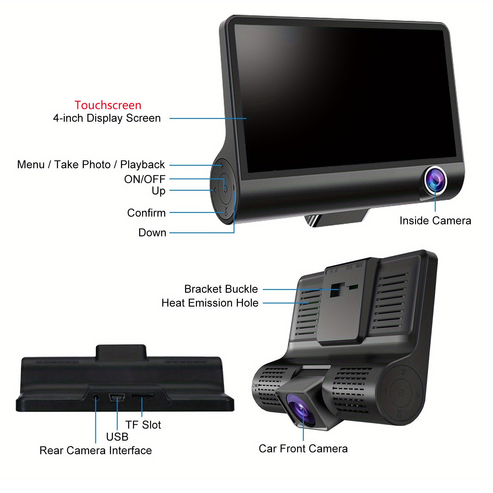 Front and Rear Triple Lens Dash Cam 1080P HD 4-inch touch screen wide-angle lens