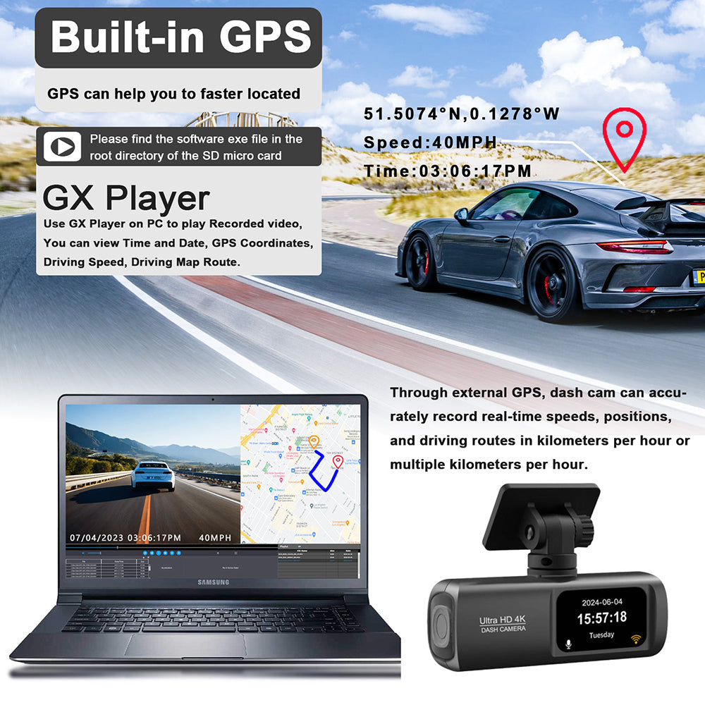 4K Front and Rear Dual Dash Cam WiFi GPS Car Camera with 64GB SD Card