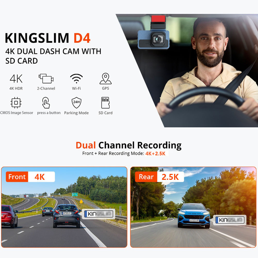 4K+2.5K Dual Dash Cam with WiFi GPS ADAS, Front and Rear Car Camera Recorder with 32GB Card