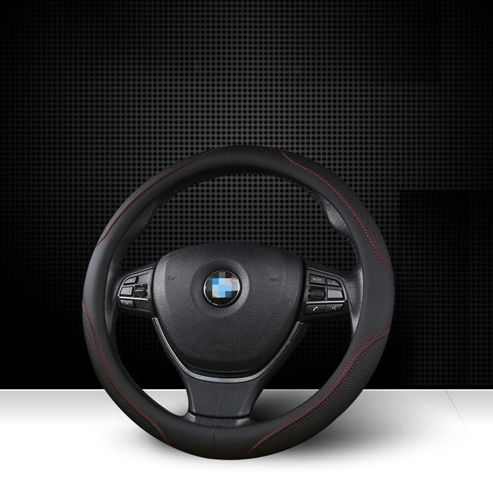 Universal Luxury Car 37-38cm Steering Wheel Cover PU Leather Non-slip Breathable Black-red