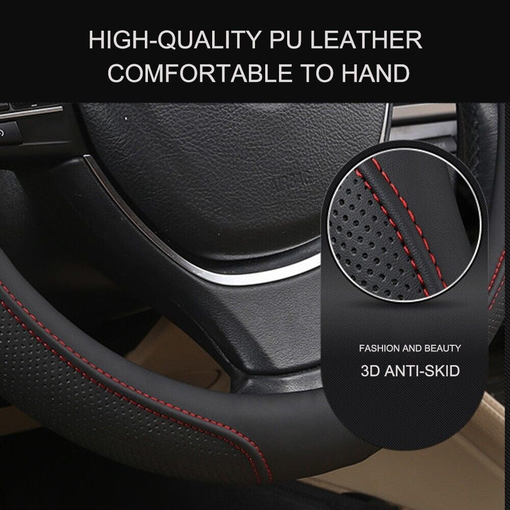 Universal Luxury Car 37-38cm Steering Wheel Cover PU Leather Non-slip Breathable Black-red