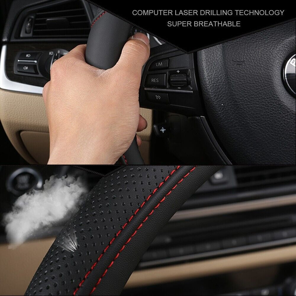 Universal Luxury Car 37-38cm Steering Wheel Cover PU Leather Non-slip Breathable Black-blue
