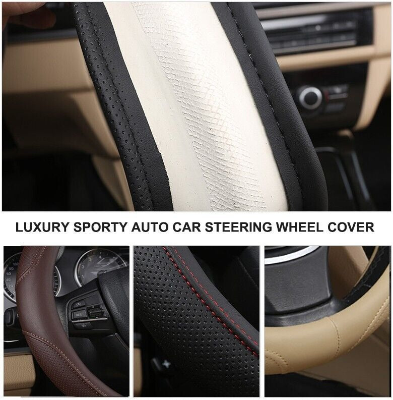 Universal Luxury Car 37-38cm Steering Wheel Cover PU Leather Non-slip Breathable Black-blue