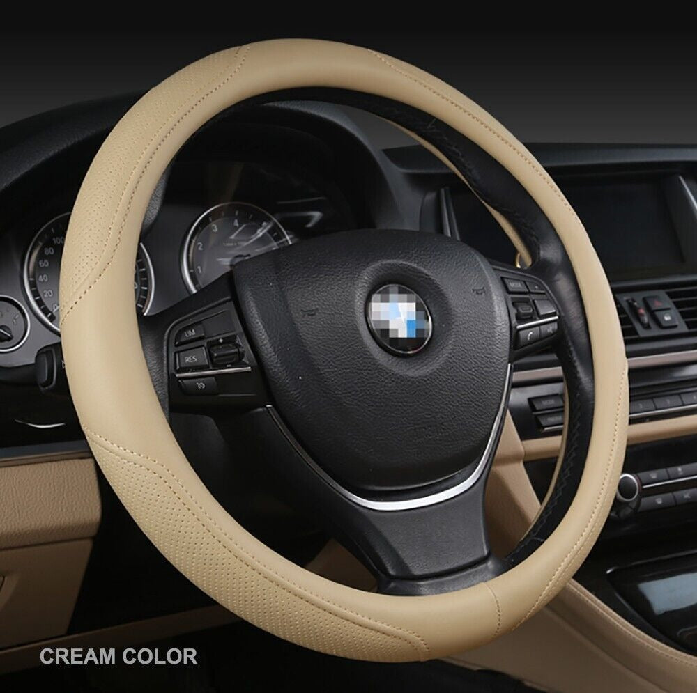 Universal Luxury Car 37-38cm Steering Wheel Cover PU Leather Non-slip Breathable Cream
