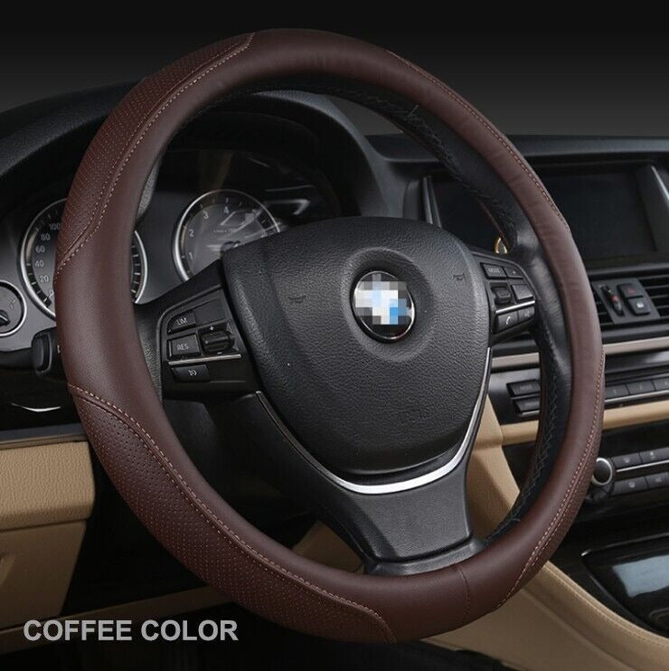 Universal Luxury Car 37-38cm Steering Wheel Cover PU Leather Non-slip Breathable Brown