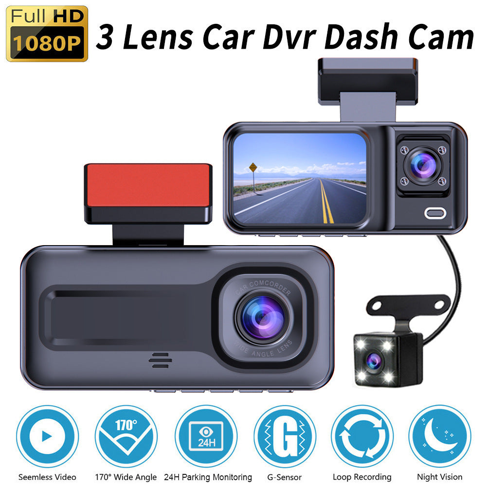 1080P Triple Lens Dash Cam with IR Night Vision, WDR, Parking Monitor