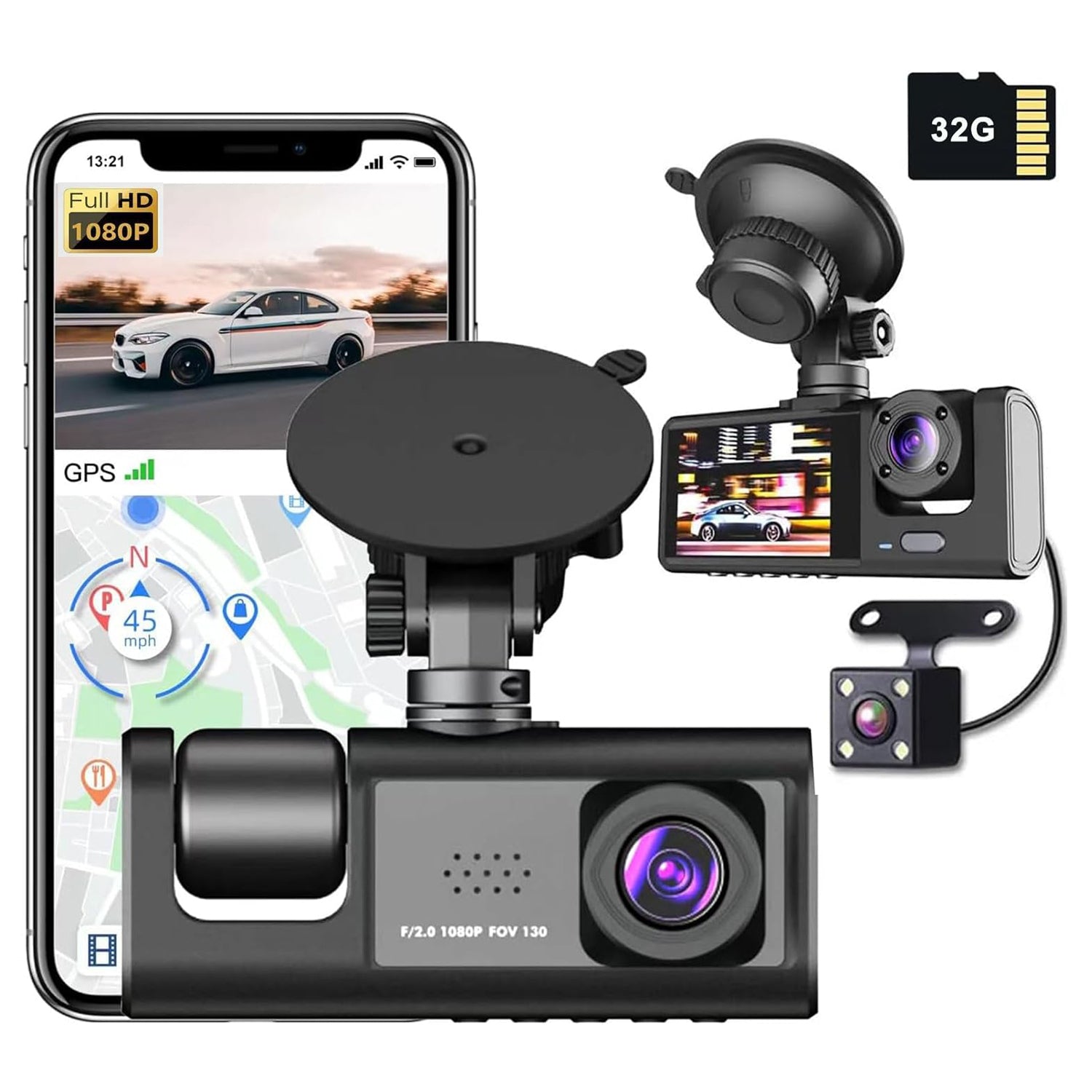 Full HD 1080P 3 Channels Dash Cam, Night Vision, WiFi, 32GB