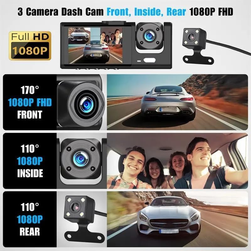 Full HD 1080P 3 Channels Dash Cam, Night Vision, WiFi, 32GB