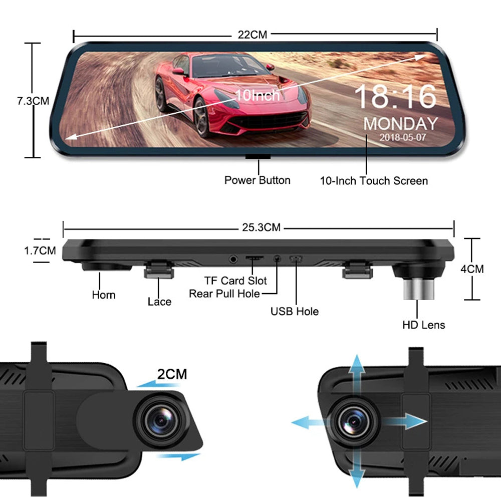 10" 2K Touch Dash Cam, RearView, G-Sensor, Parking, Free 32GB